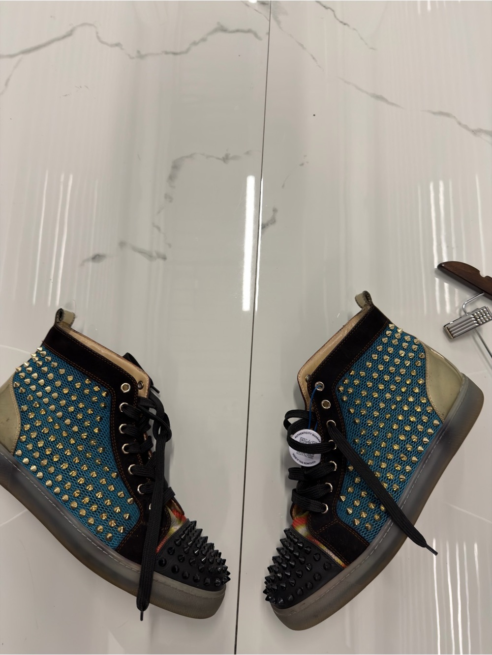 Christian Louboutin Teal, Black & Gold Spike-Embellished High-Top Sneakers